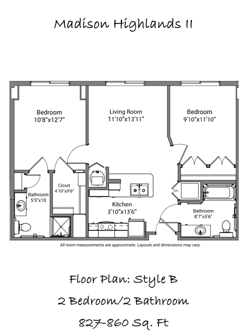 A floor plan for a two bathroom apartment at Madison Highlands II Senior Apartments.